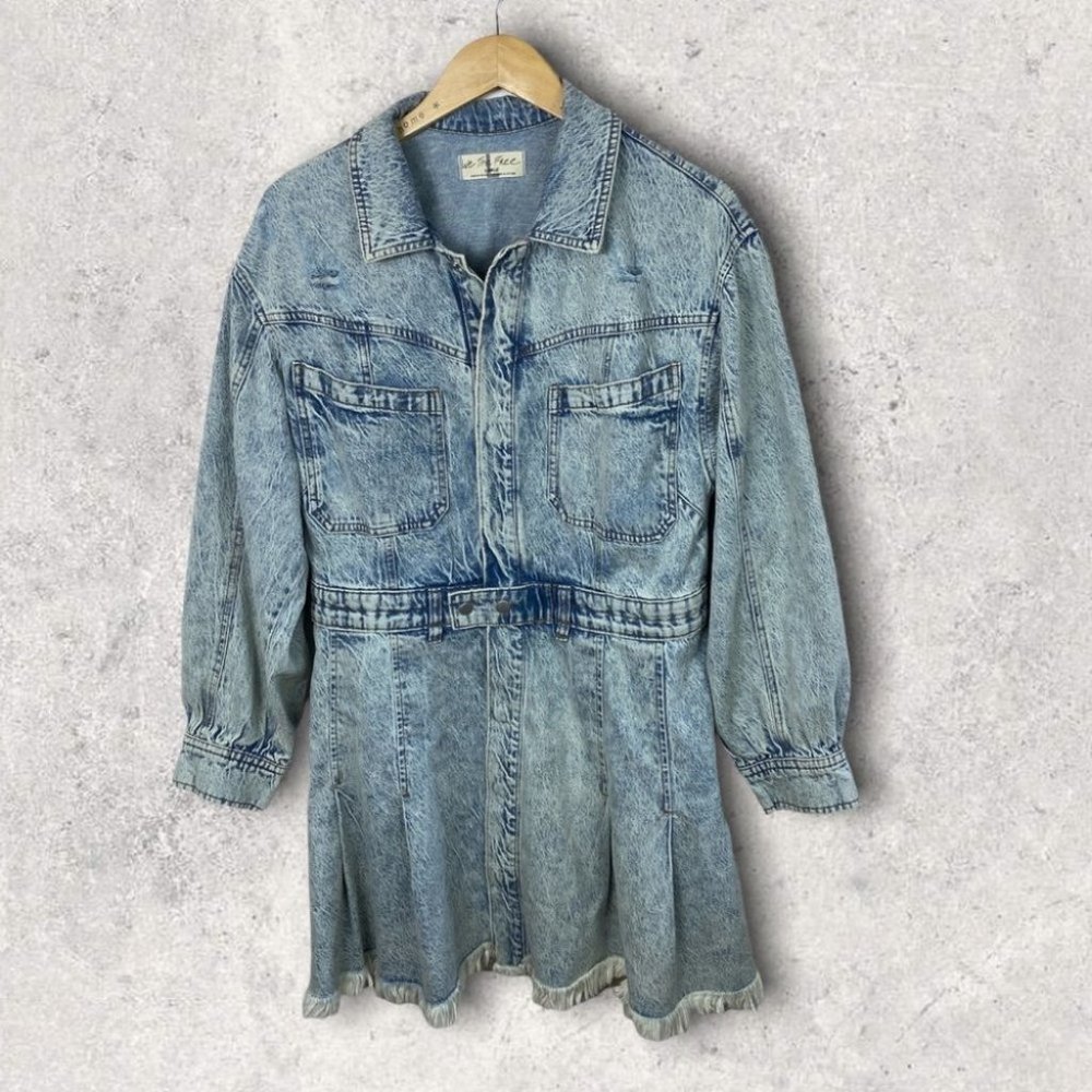 Free People Denim Dress Fringe Size Large Chain of Command Blue Jean Button Down - Picture 3 of 16